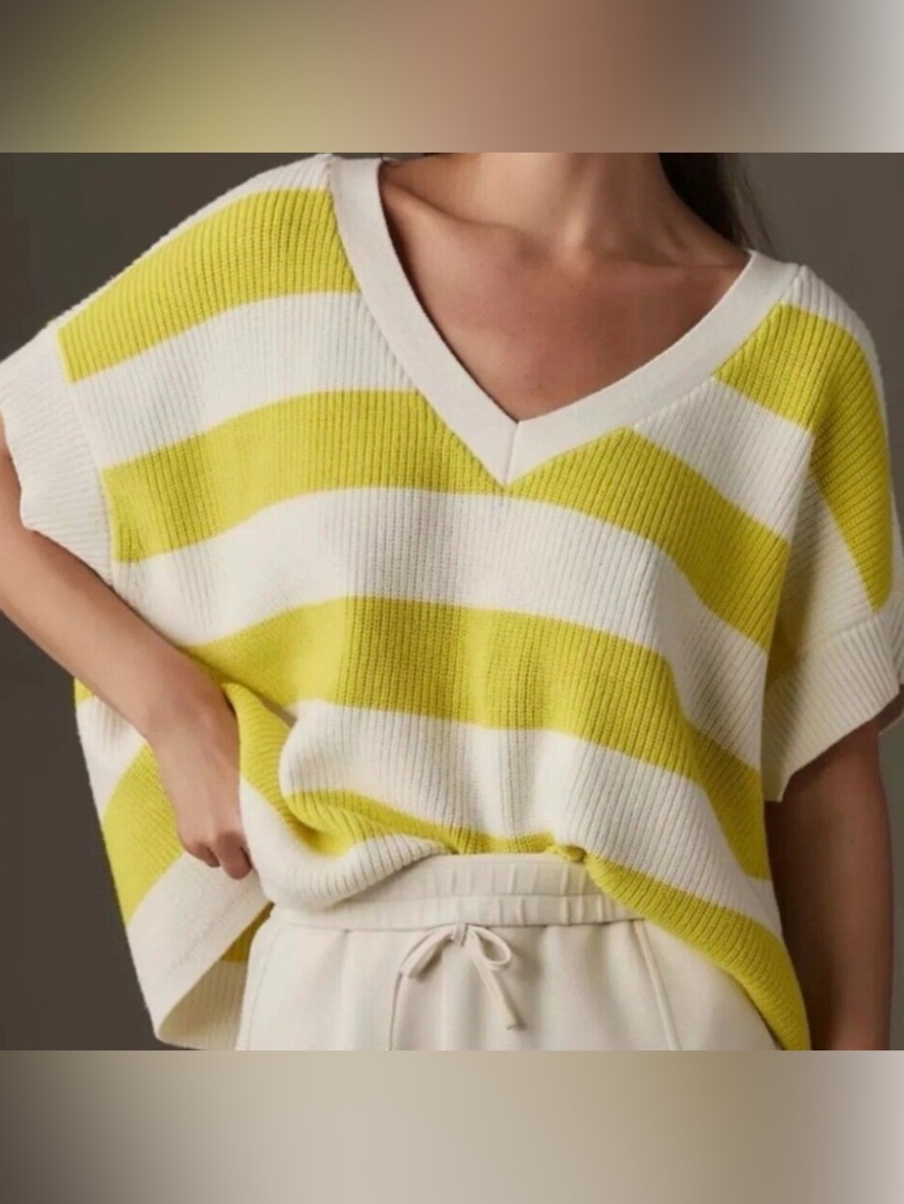 Meave by Anthropologie Yellow White Stripe V Neck Sweater Vest Size Large New